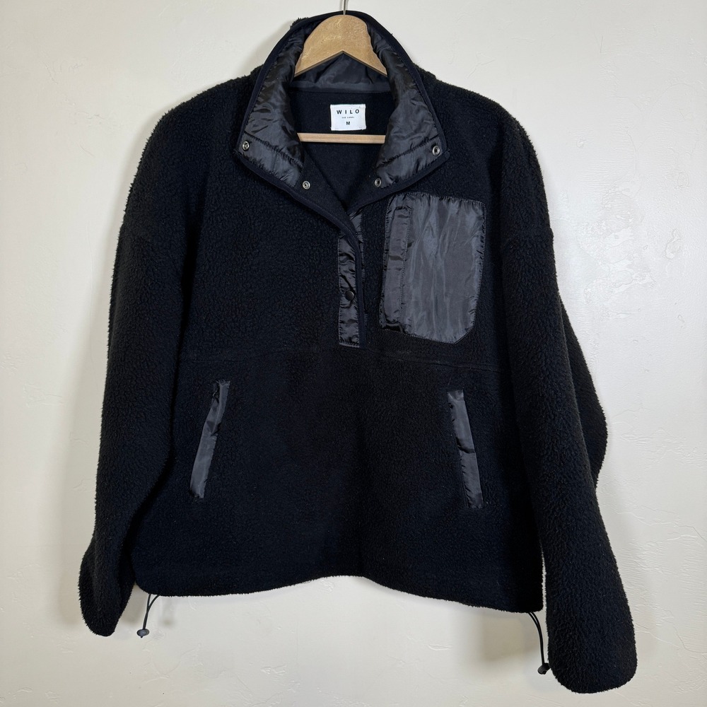 Anthropologie Wilo The Label 1/2 Snap Black Sherpa Fleece Pullover Jacket Size M
